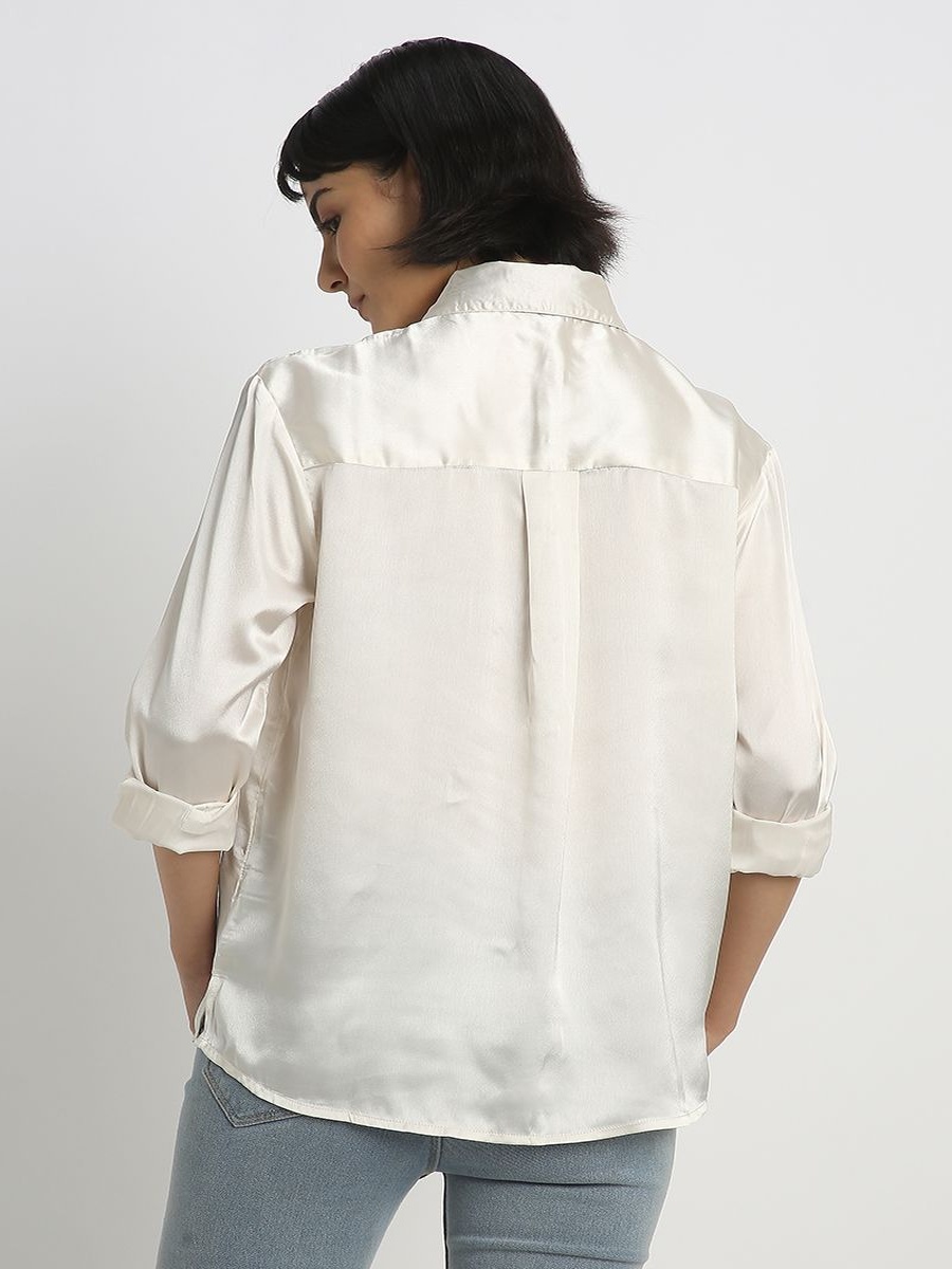 Office Satin Long Sleeve Womens Shirt Tie Neck and Button Front