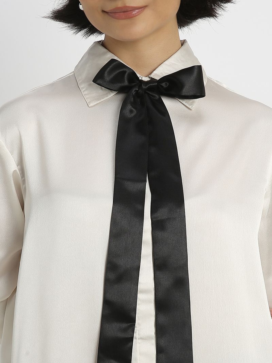 Office Satin Long Sleeve Womens Shirt Tie Neck and Button Front