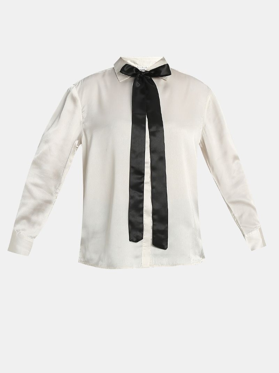 Office Satin Long Sleeve Womens Shirt Tie Neck and Button Front