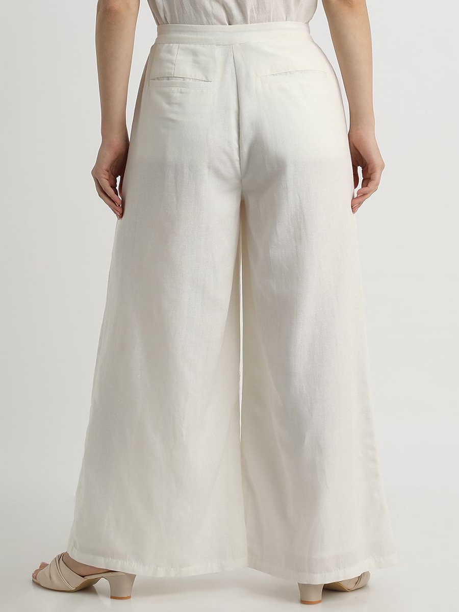 Women Flowy Wide-Leg Pants Solid Color, Front Pleats