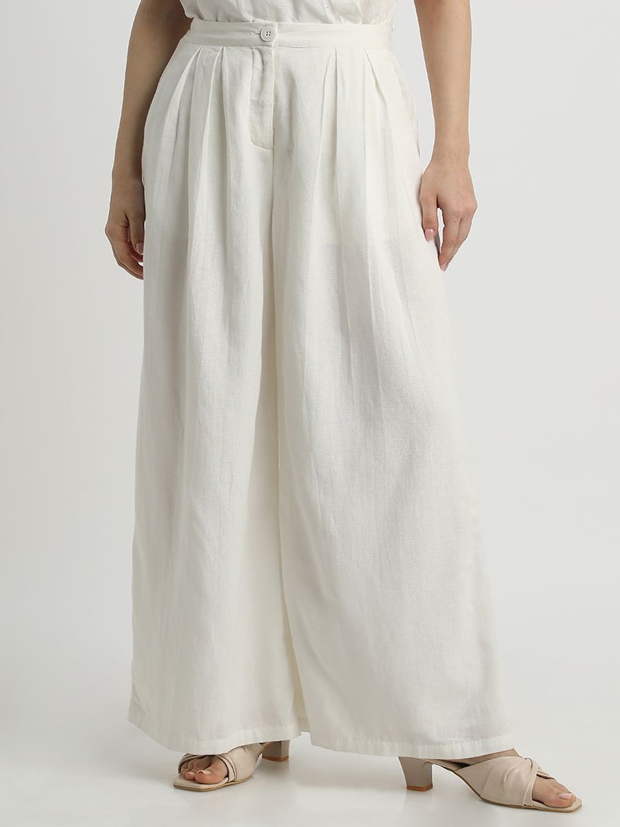 Women Flowy Wide-Leg Pants Solid Color, Front Pleats