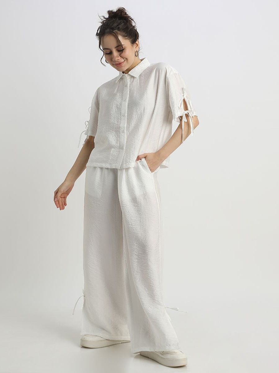 Women Flowy Wide-Leg Pants Solid Color, Bottom Leg Drawstrings