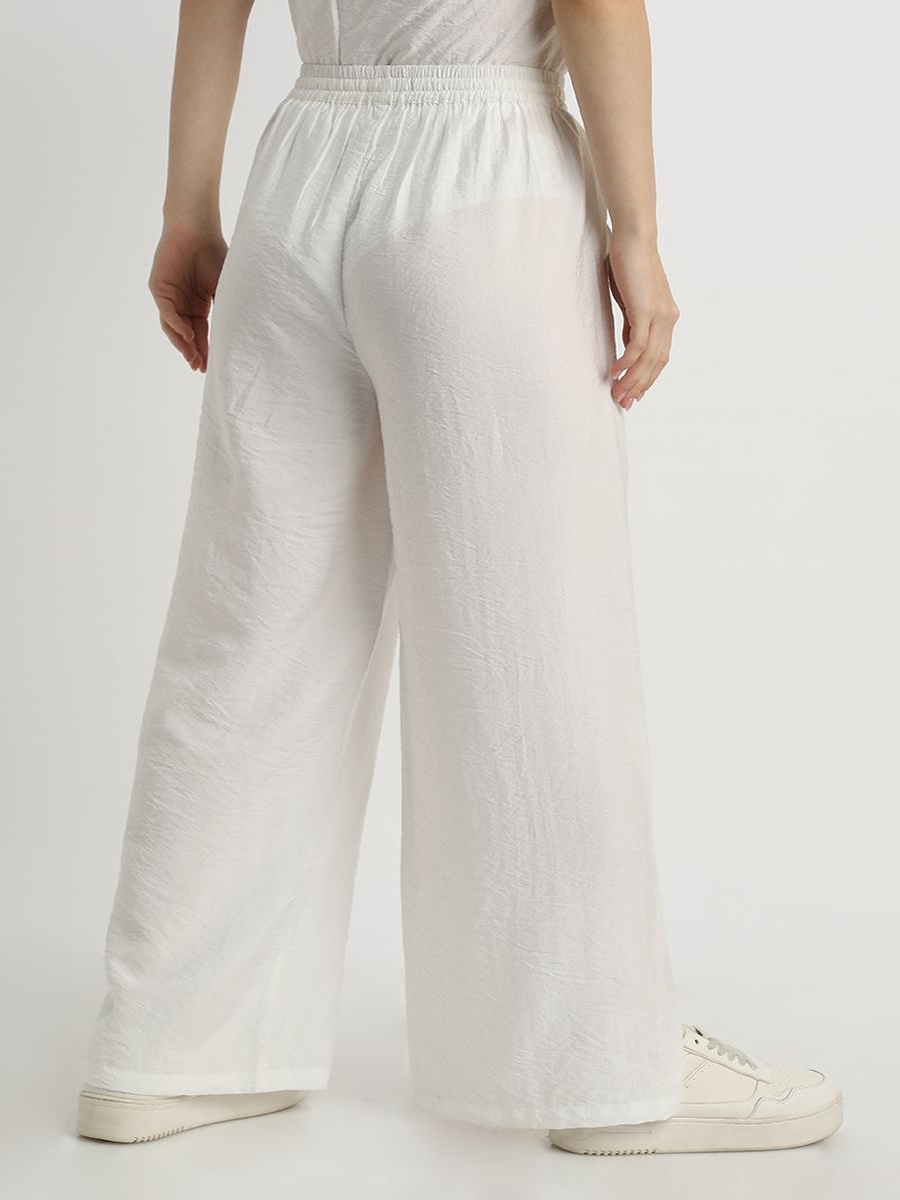 Women Flowy Wide-Leg Pants Solid Color, Bottom Leg Drawstrings
