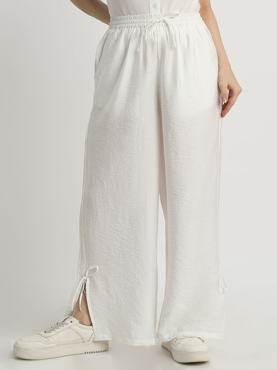 Women Flowy Wide-Leg Pants Solid Color, Bottom Leg Drawstrings