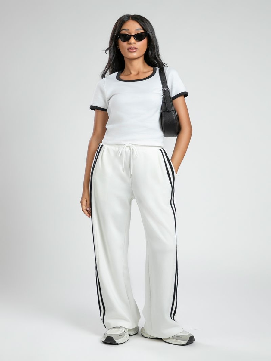 Women Casual Wide-Leg Sweatpants Side Stripes, Elastic Waist