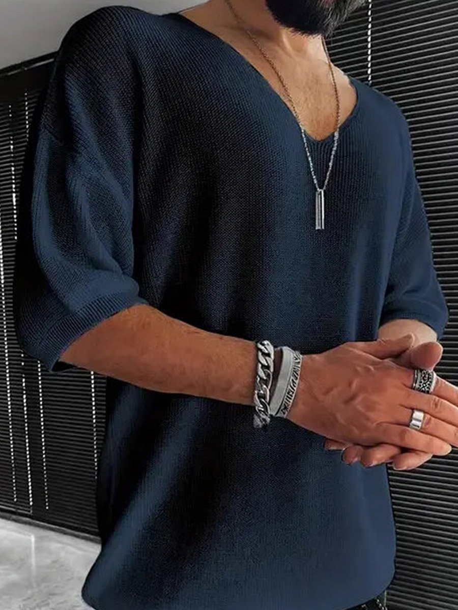 Men Navy Blue Knitted V-Neck T-Shirt