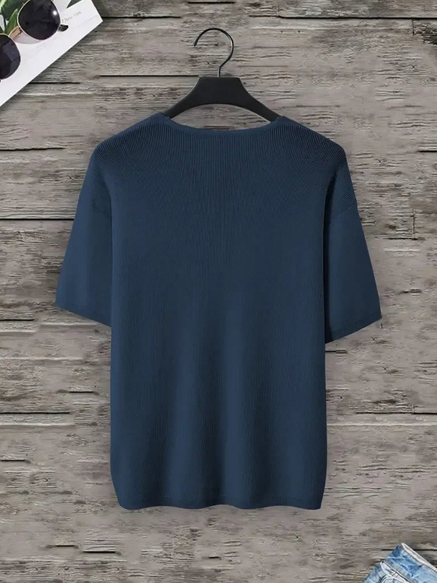 Men Navy Blue Knitted V-Neck T-Shirt
