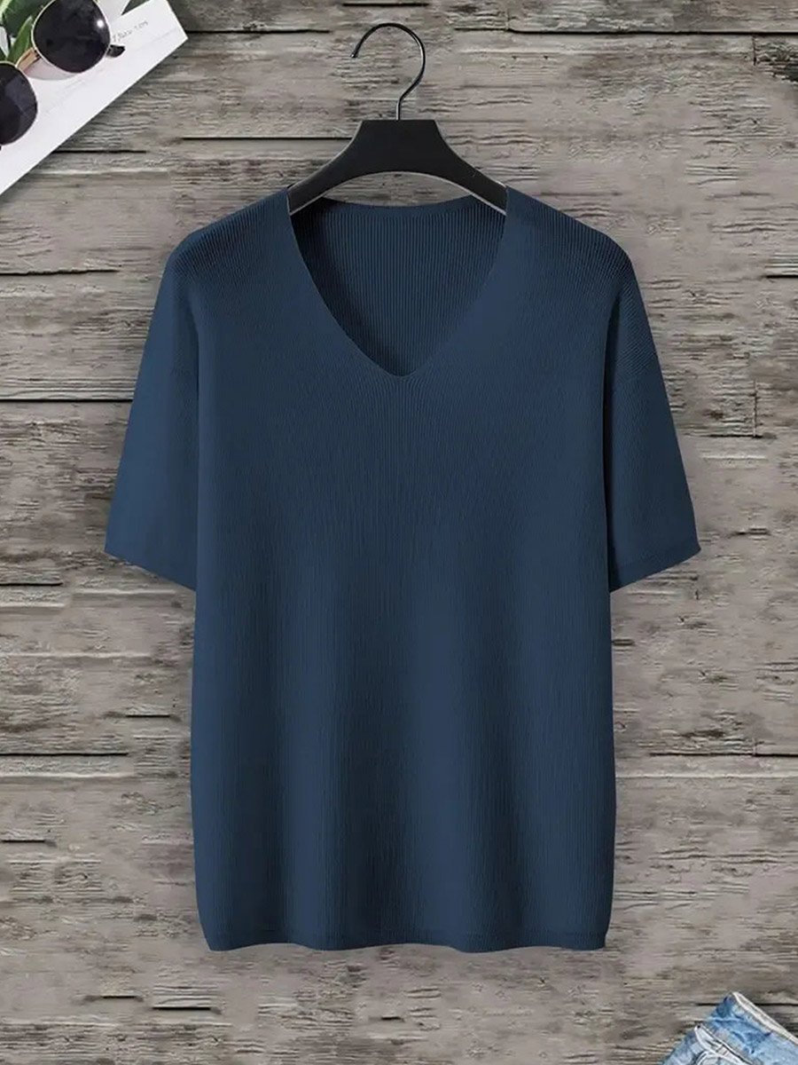 Men Navy Blue Knitted V-Neck T-Shirt