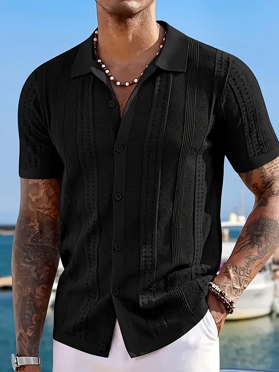 Men Textured Knit Shirt with Spread Collar