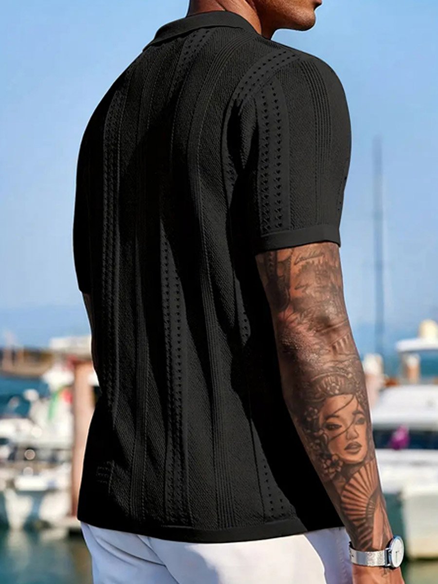 Men Textured Knit Shirt with Spread Collar