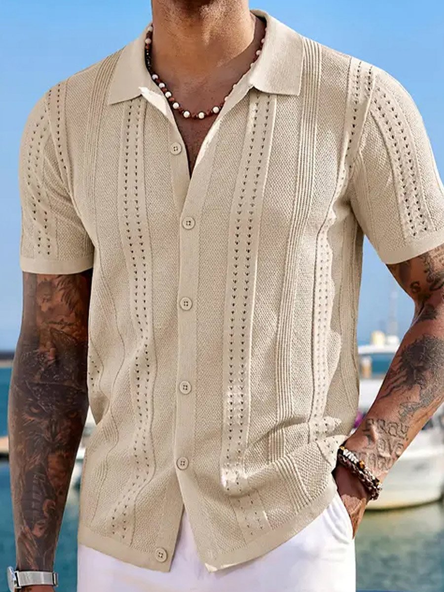 Men Textured Knit Shirt with Spread Collar