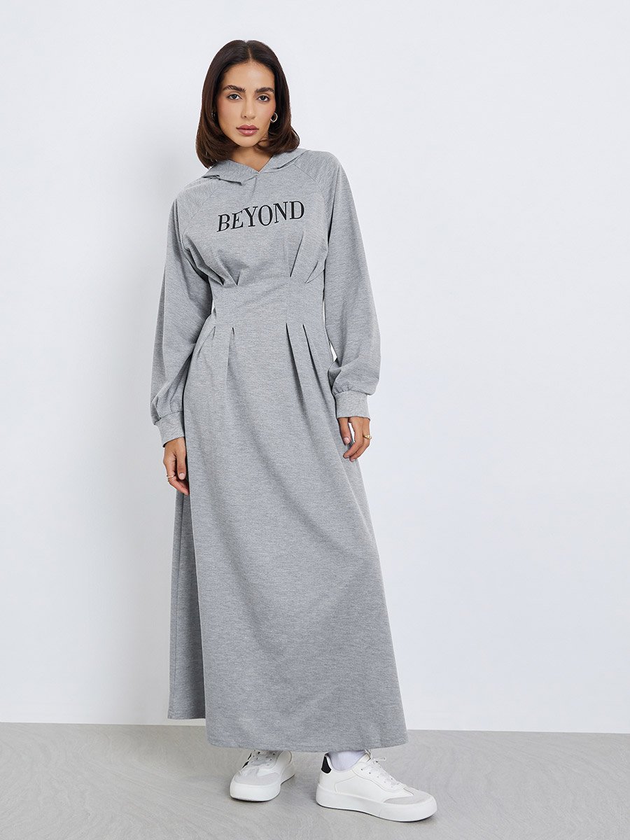 Women Slogan Print Hooded Casual Maxi Dress