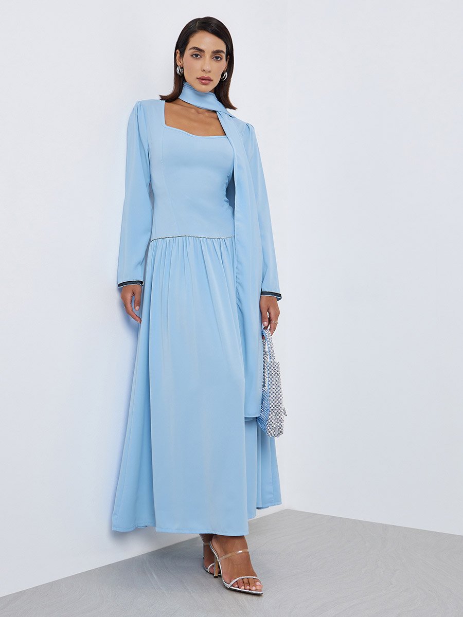 blue maxi dress with neck scarf High-Neck Open-Back Maxi Dress with Scarf Tie  Chicago Bridal Store Company