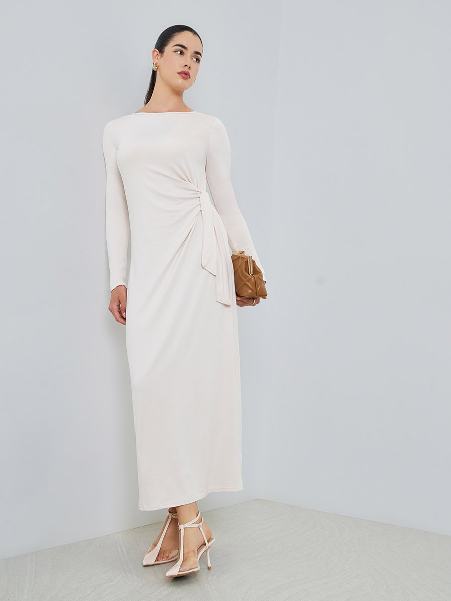 Women Beige Waist Tie Detail Midi Dress