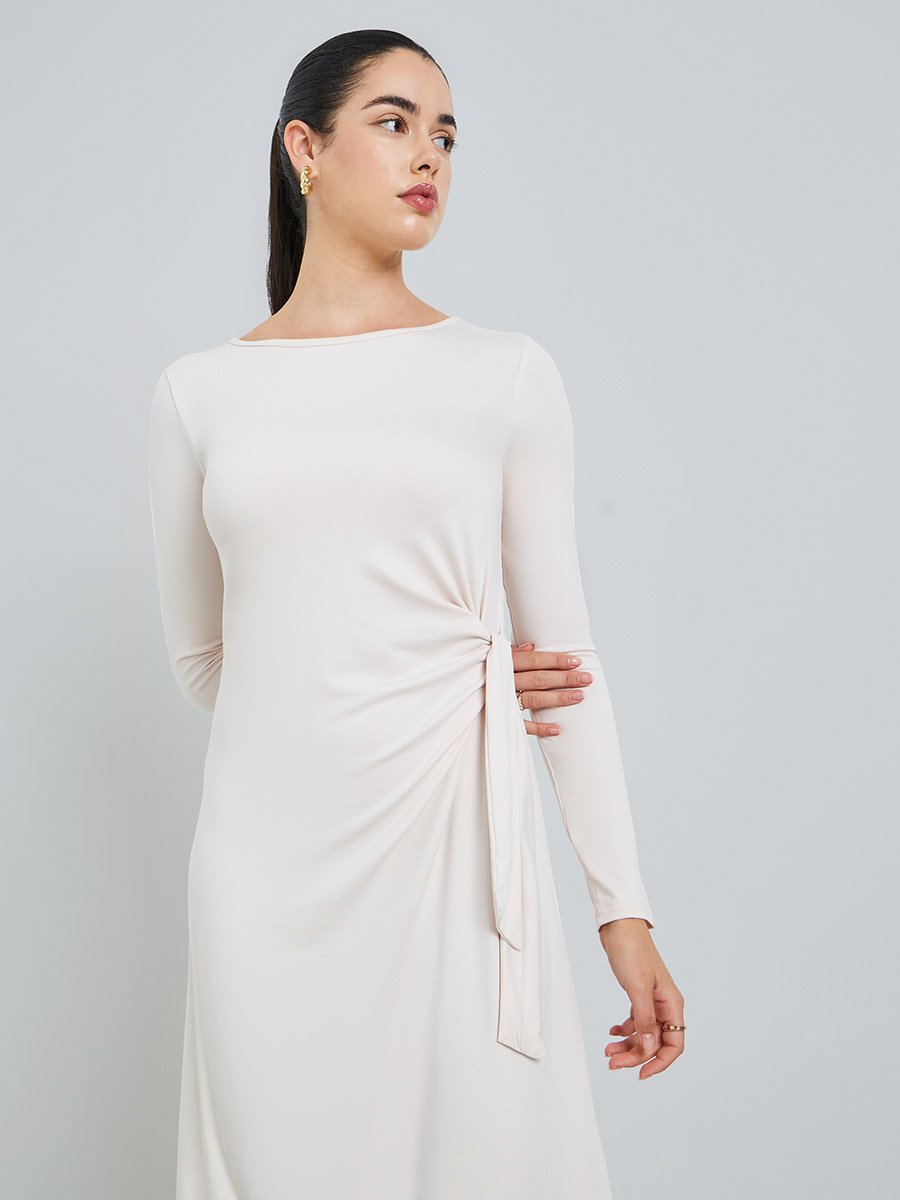 Women Beige Waist Tie Detail Midi Dress
