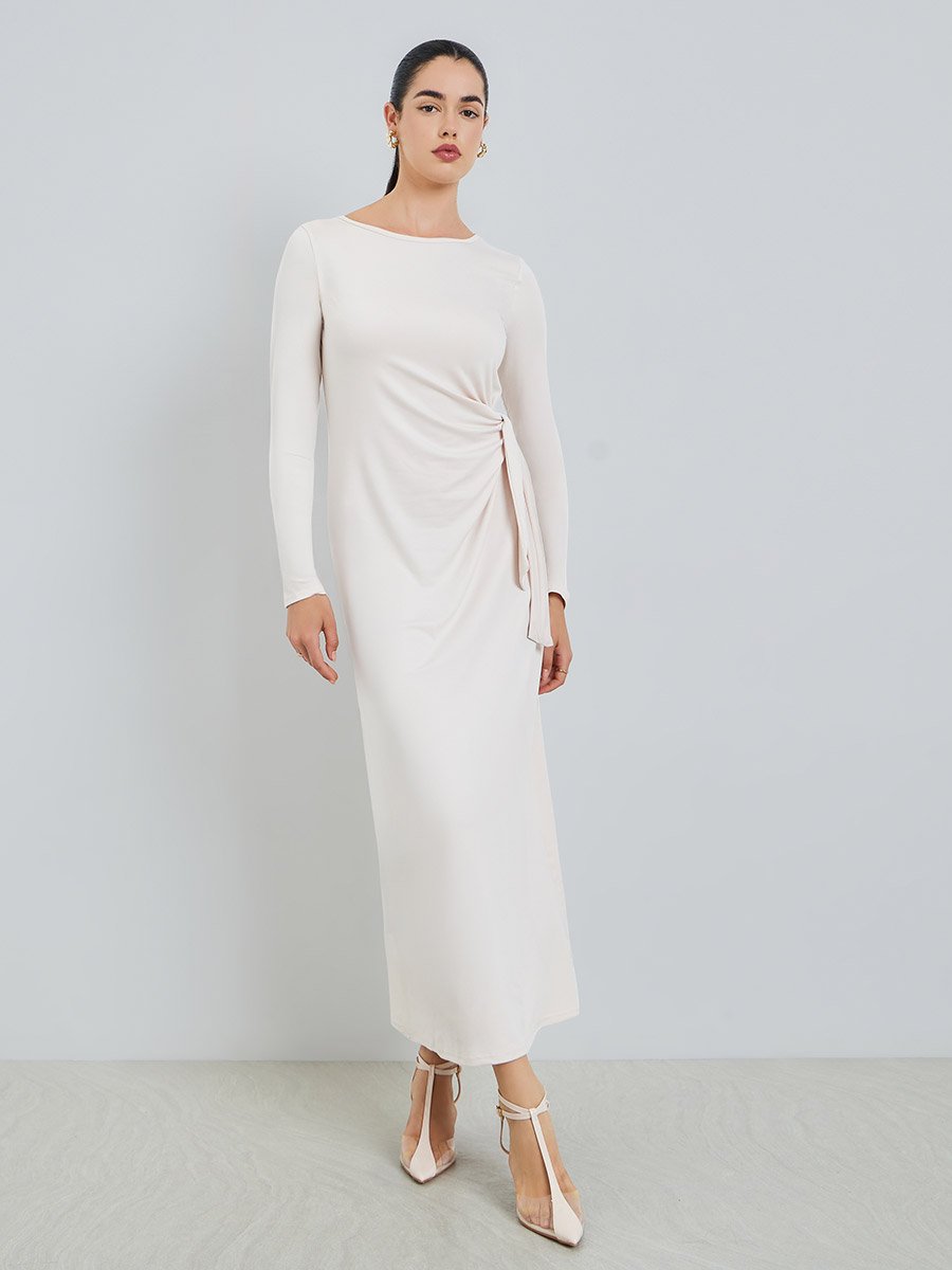 Women Beige Waist Tie Detail Midi Dress