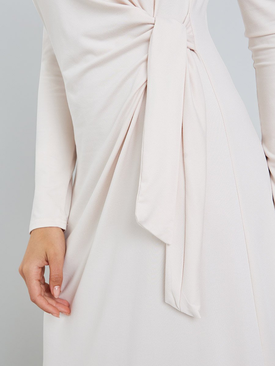 Women Beige Waist Tie Detail Midi Dress