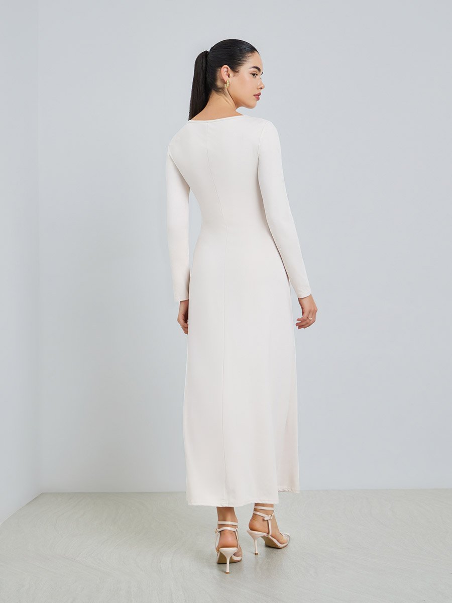 Women Beige Waist Tie Detail Midi Dress