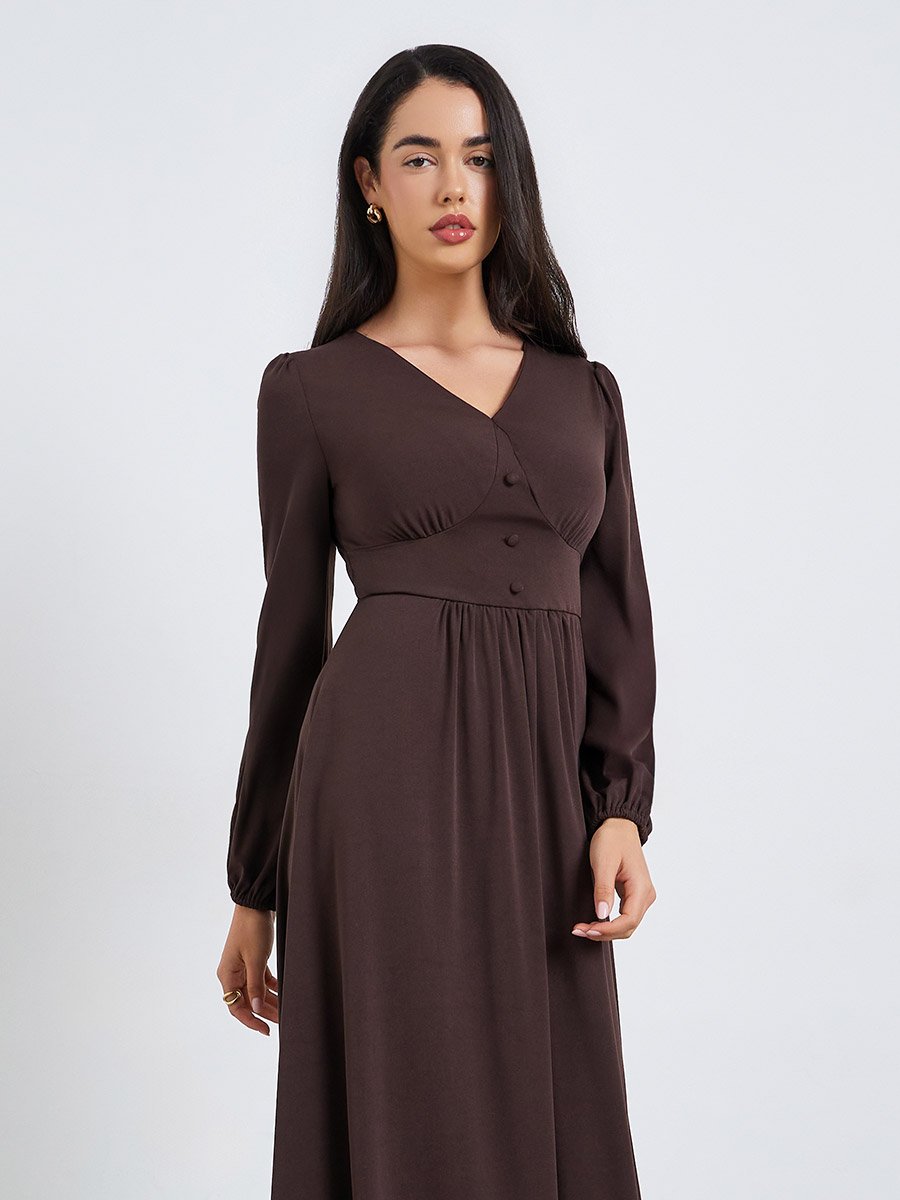 Women Brown Balloon Sleeve Maxi Dress For Women at UAE | Styli Women Brown Balloon Sleeve Maxi Dress For Women at UAE | Styli