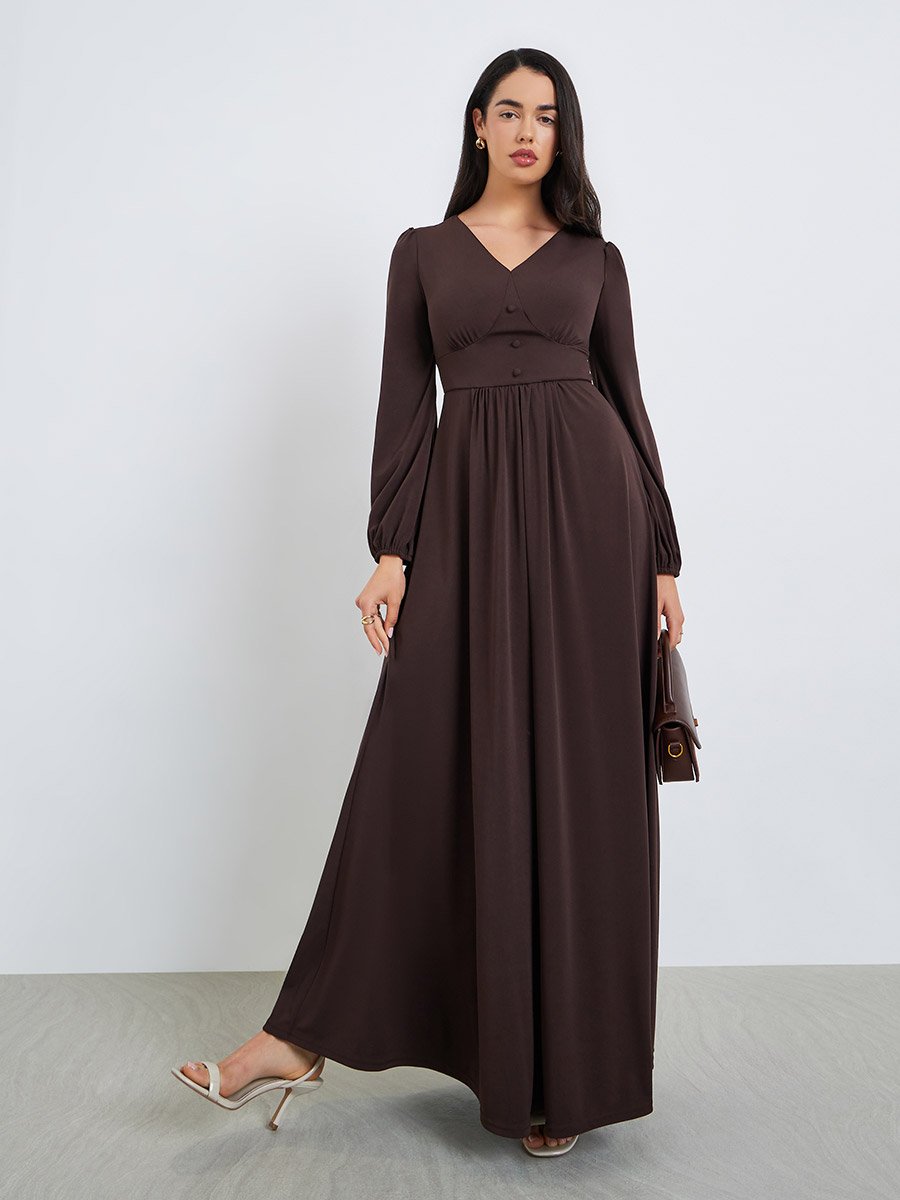 brown satin dress outfit Shona Joy - La Lune High Neck Balloon Sleeve Maxi Dress - Cream main image 1