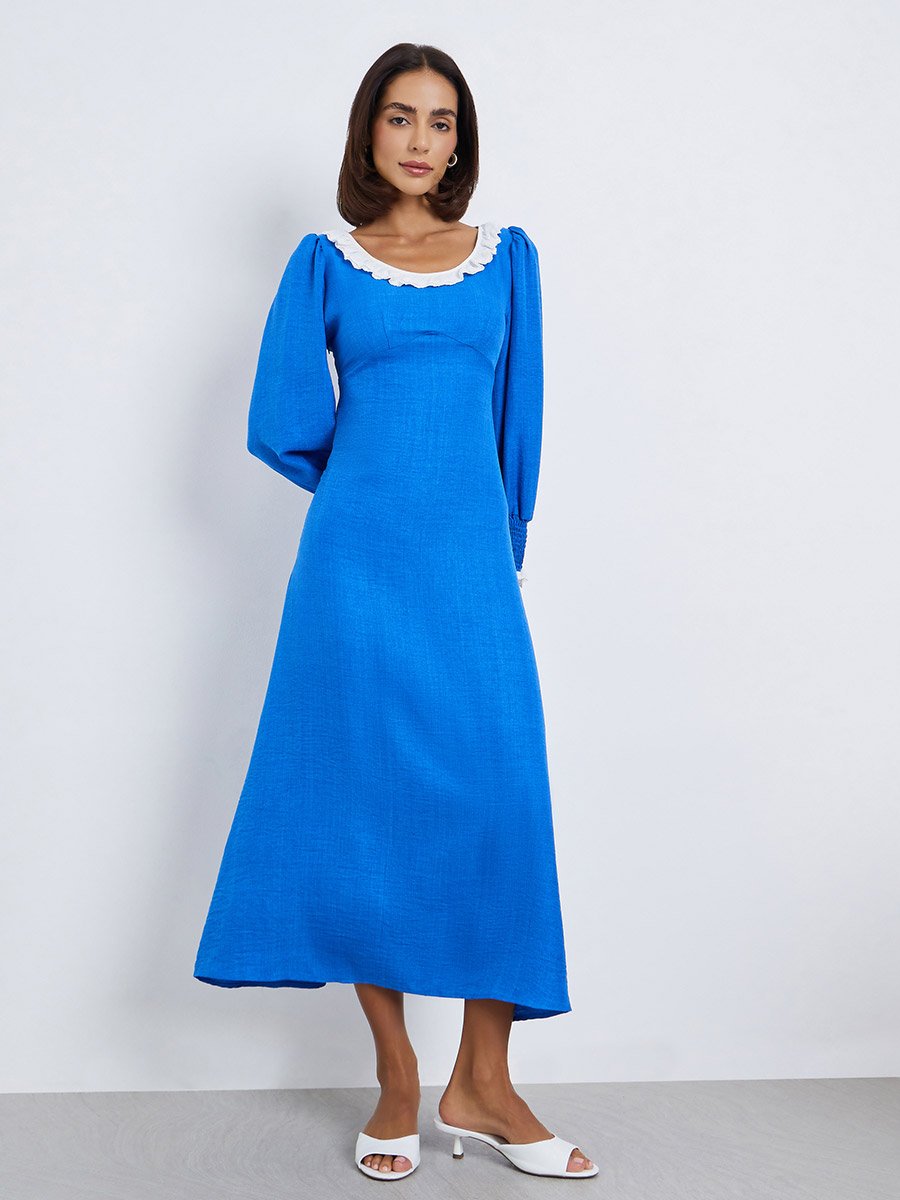 Women Lace Trim A-Line Midi Dress