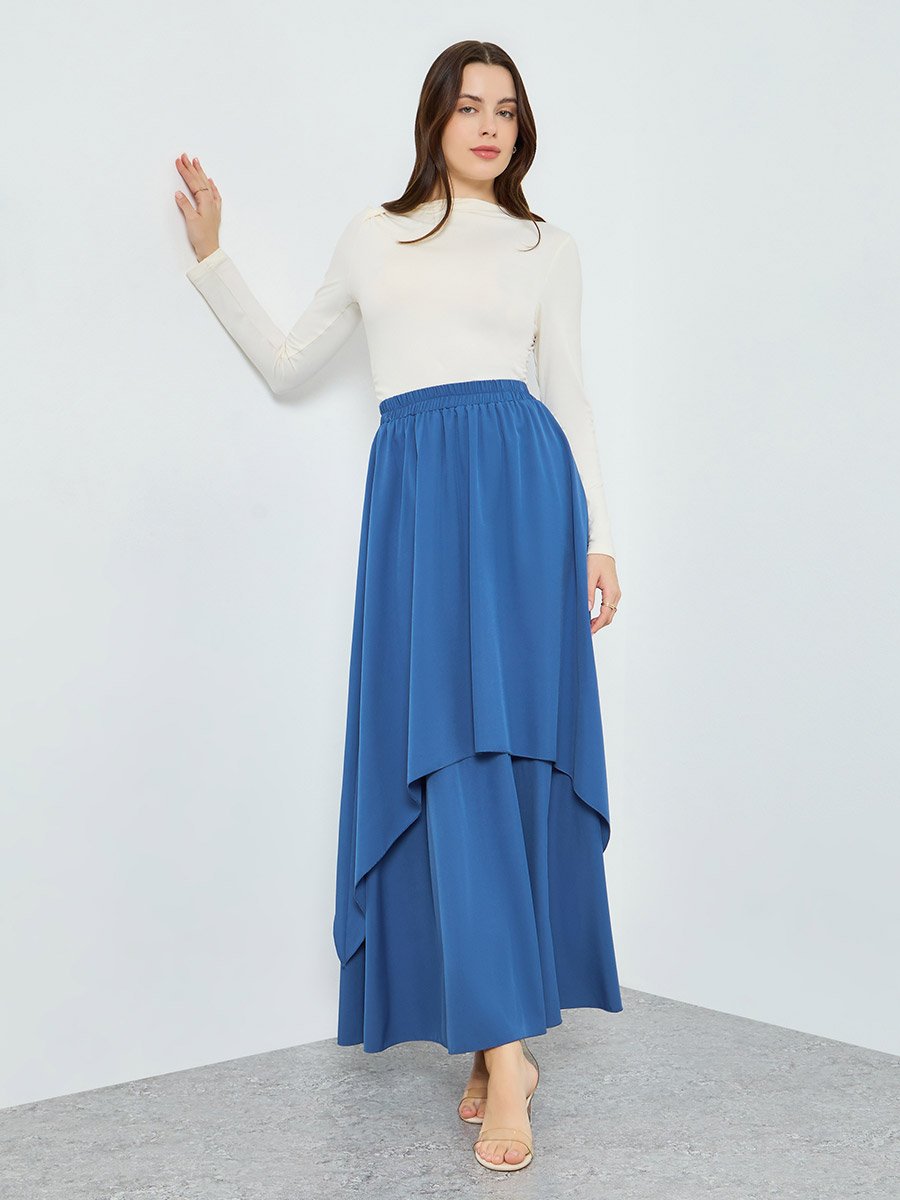 Women Blue Double-Layer Ruffled Maxi Skirt