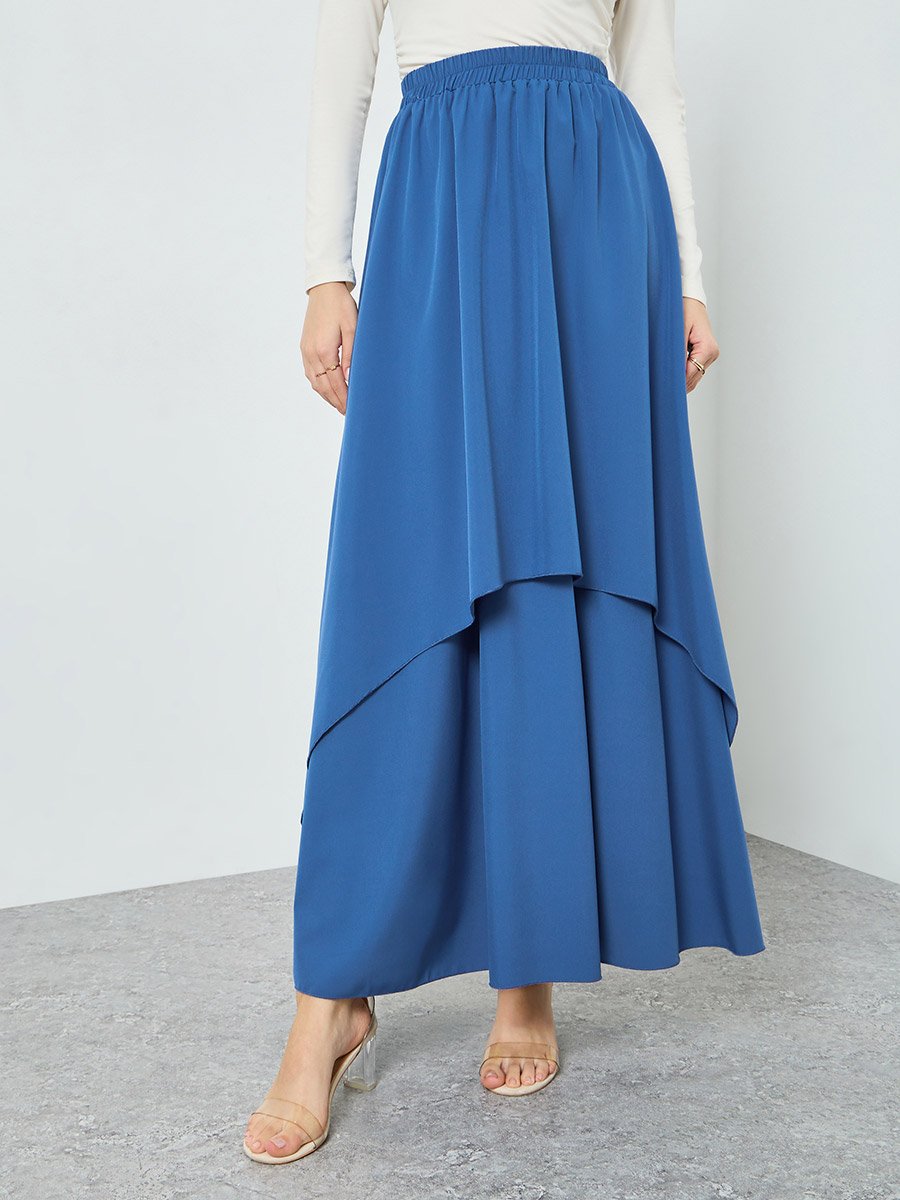 Women Blue Double-Layer Ruffled Maxi Skirt
