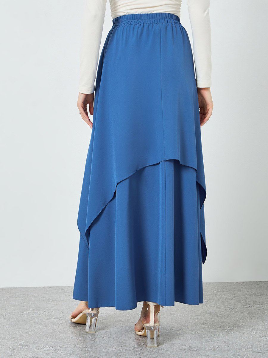 Women Blue Double-Layer Ruffled Maxi Skirt