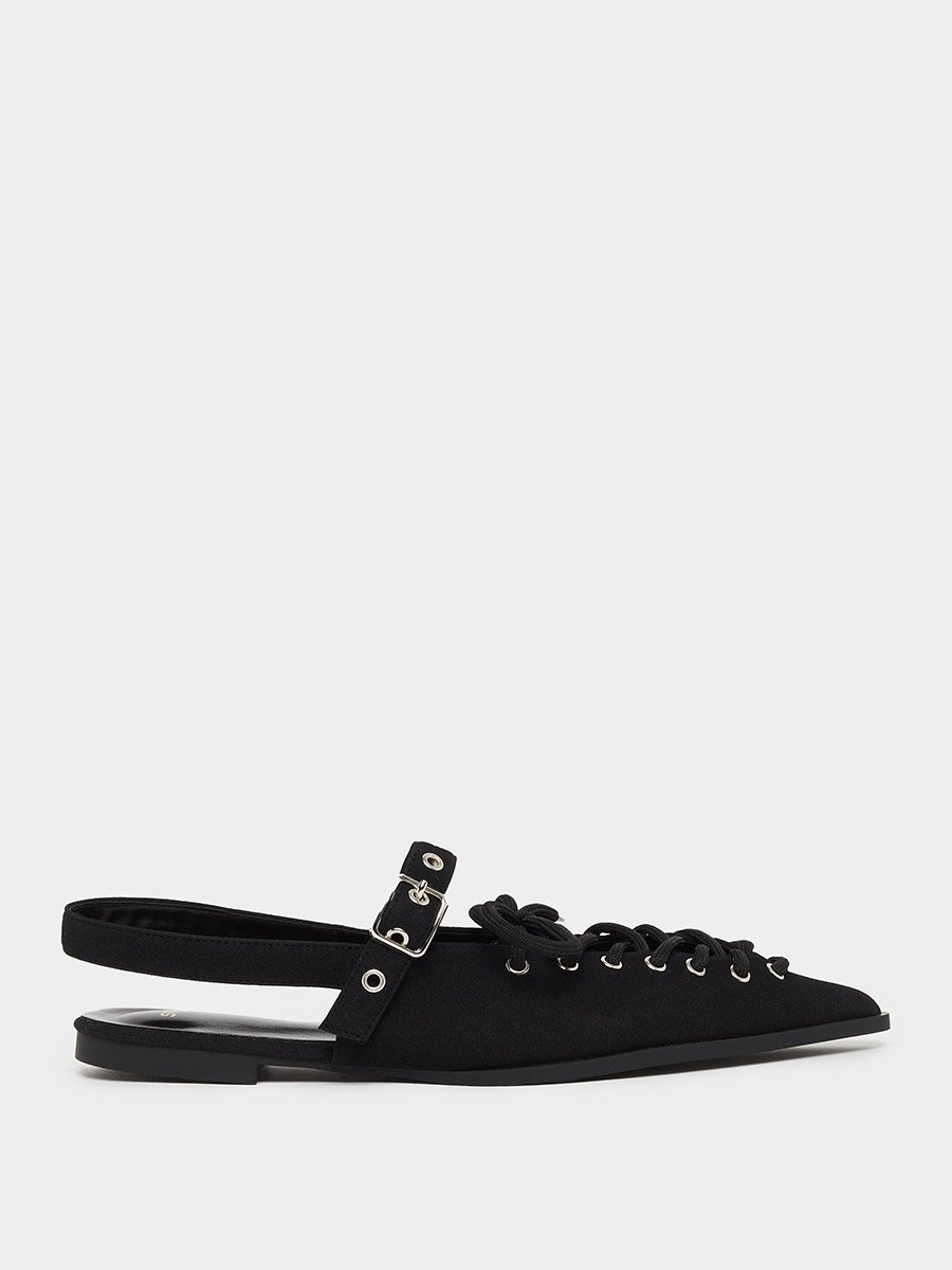 Black Lace-Up Pointed Toe Slingback Shoes