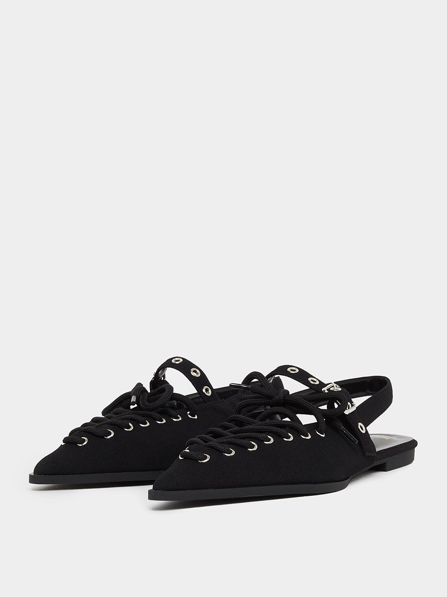 Black Lace-Up Pointed Toe Slingback Shoes