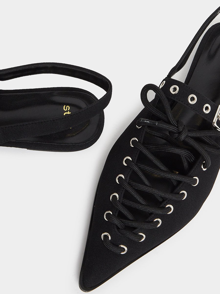 Black Lace-Up Pointed Toe Slingback Shoes