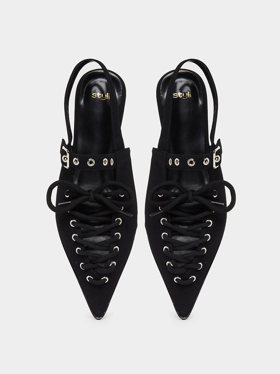 Black Lace-Up Pointed Toe Slingback Shoes