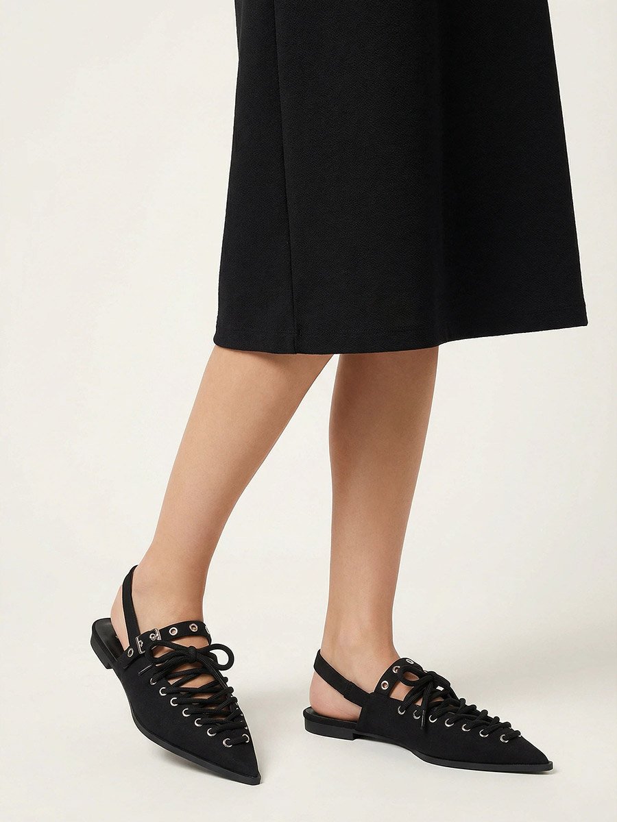 Black Lace-Up Pointed Toe Slingback Shoes