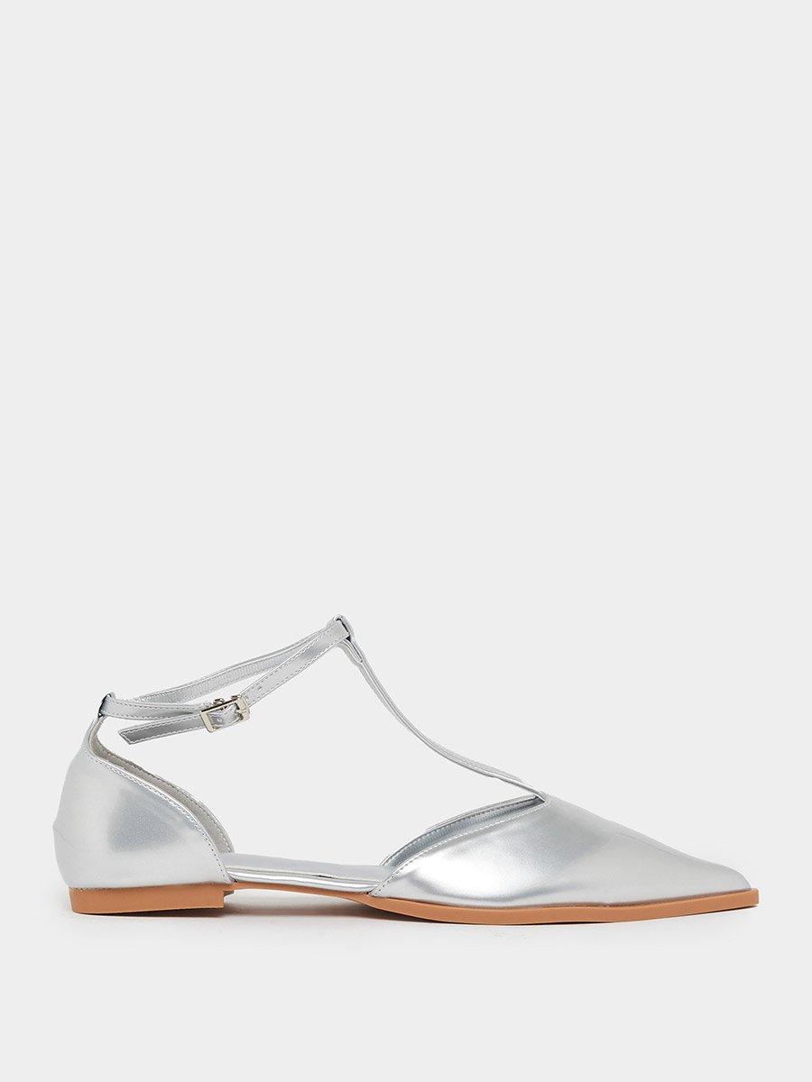 Silver T-Strap Flats Shoes