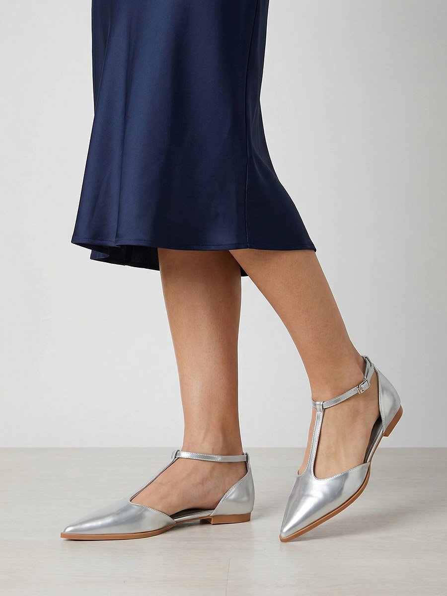 Silver T-Strap Flats Shoes