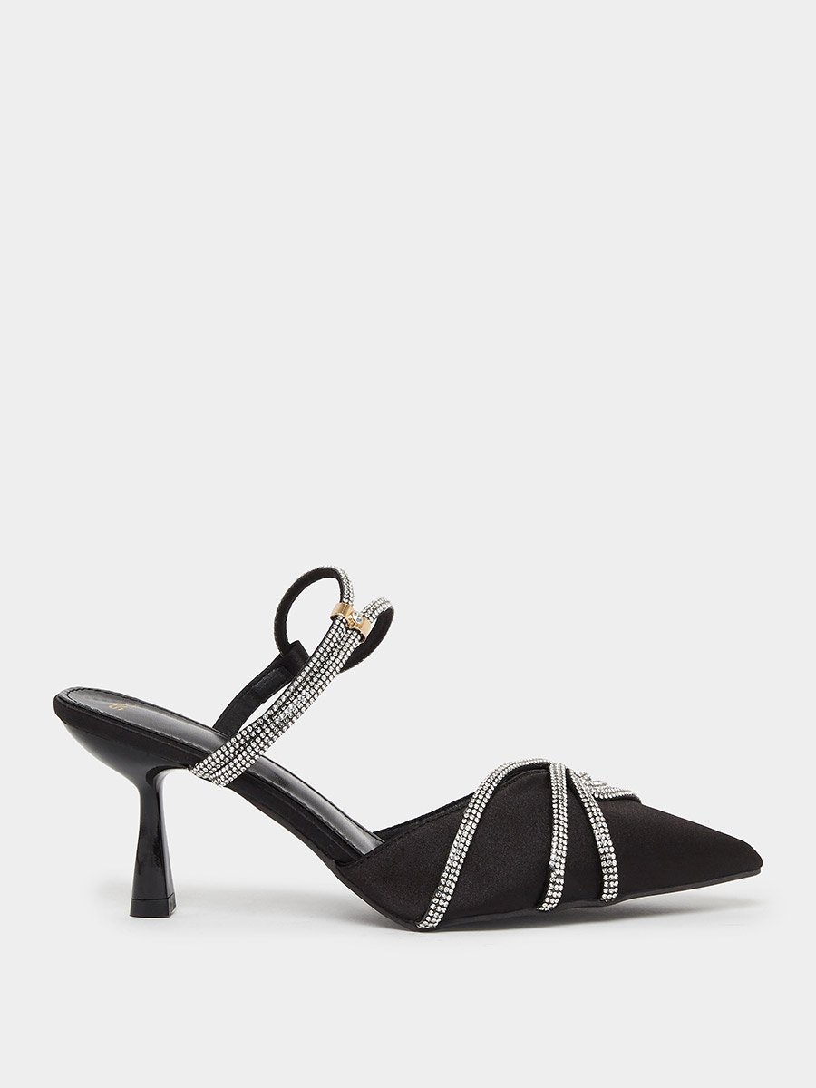 Black Embellished Satin Kitten Heels Shoes