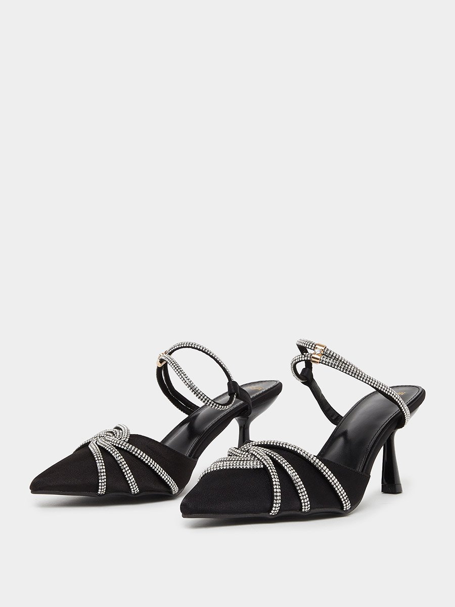 Black Embellished Satin Kitten Heels Shoes