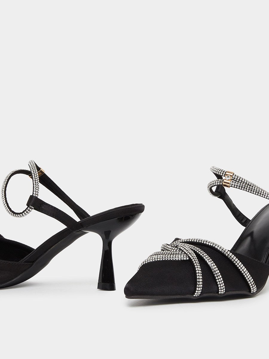 Black Embellished Satin Kitten Heels Shoes