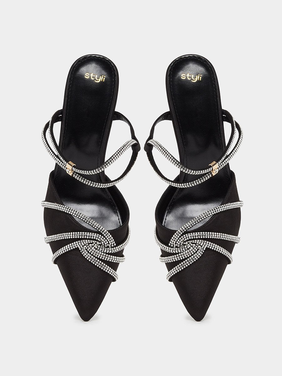 Black Embellished Satin Kitten Heels Shoes