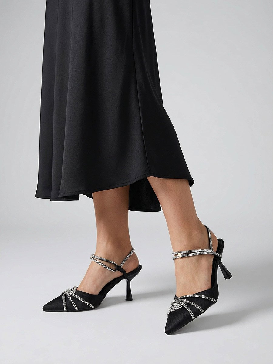 Black Embellished Satin Kitten Heels Shoes