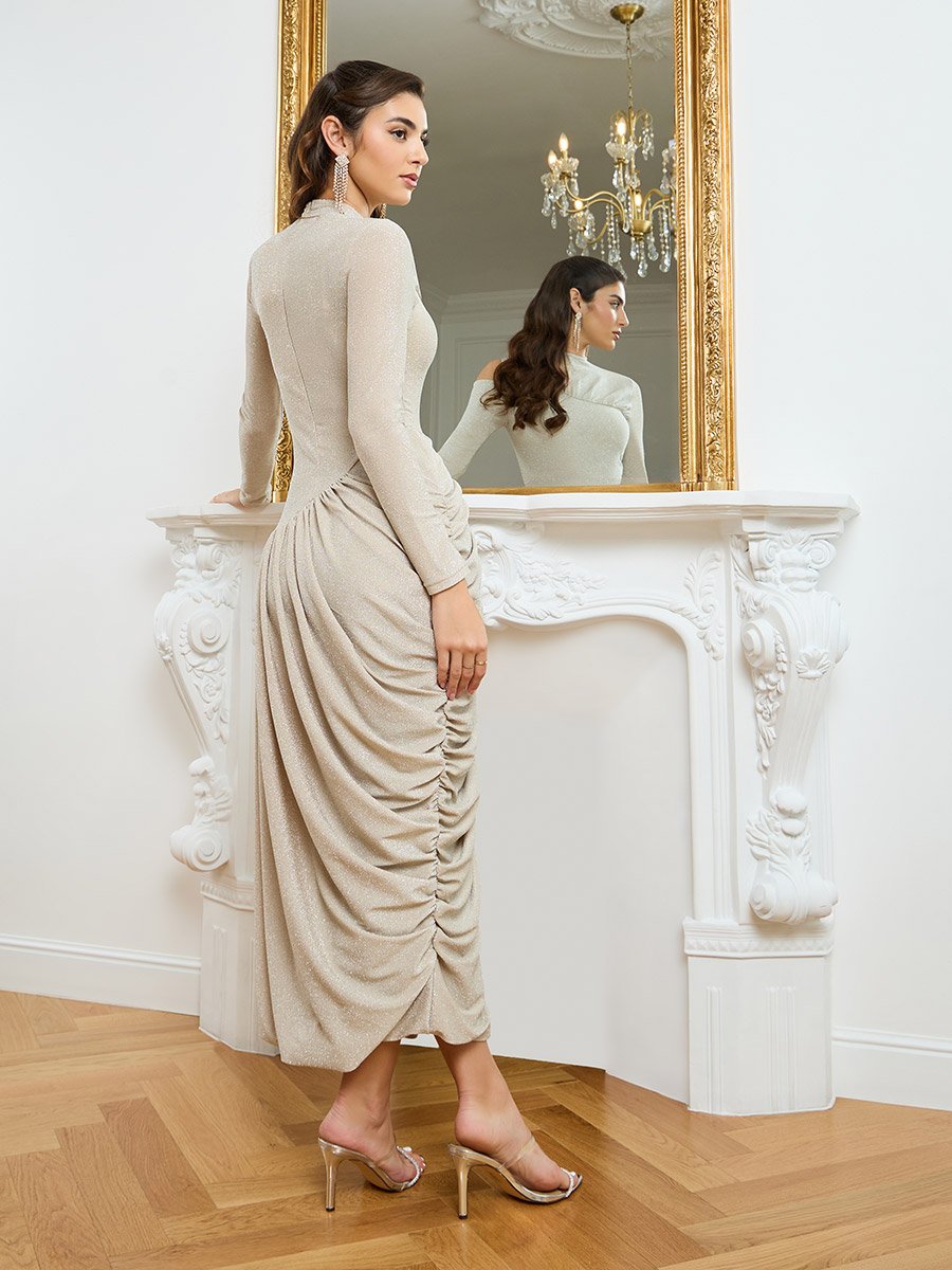 Women Cream Shimmer Knit Asymmetric Maxi Dress For Women at Kuwait | Styli Women Cream Shimmer Knit Asymmetric Maxi Dress For Women at Kuwait | Styli