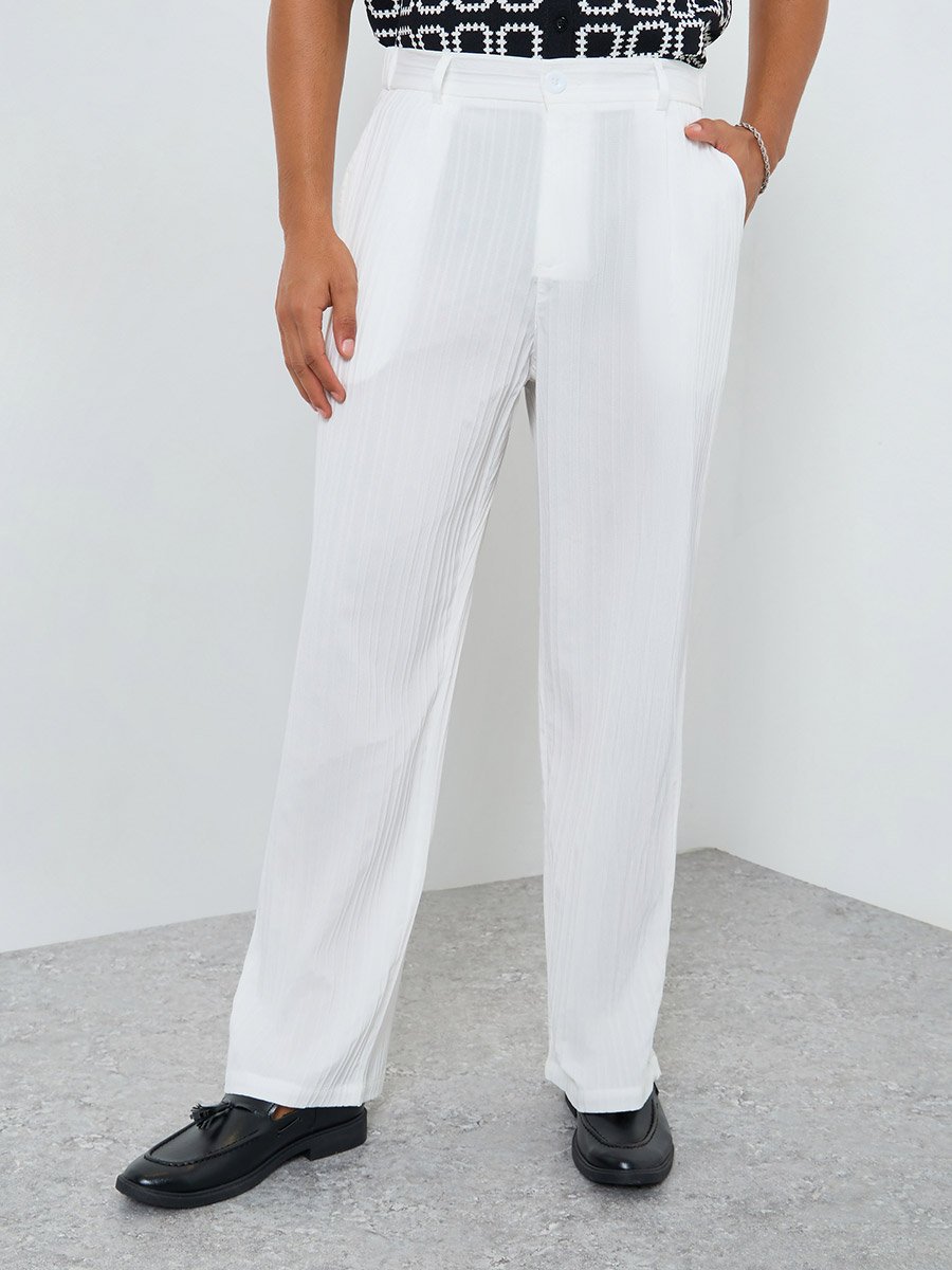 Men White Textured Straight Leg Trousers