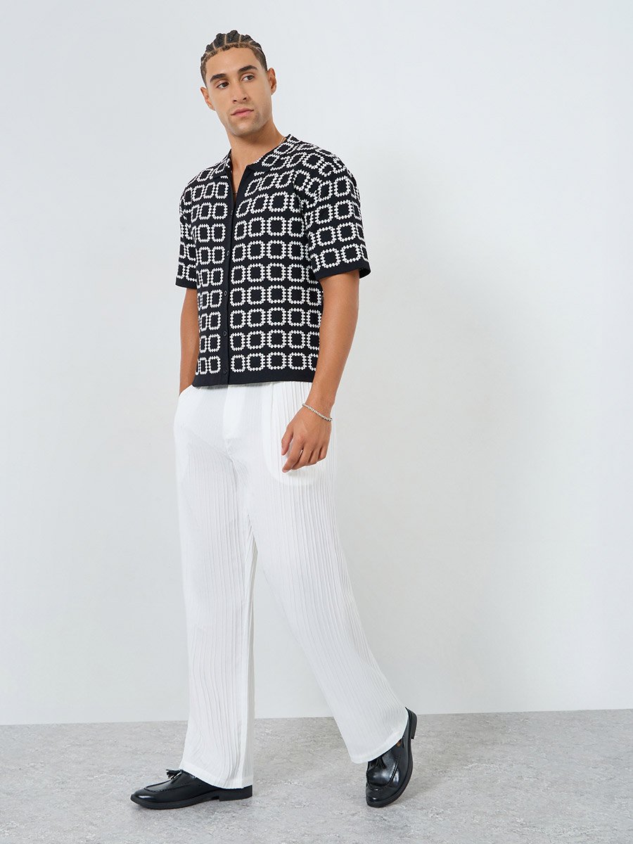 Men White Textured Straight Leg Trousers