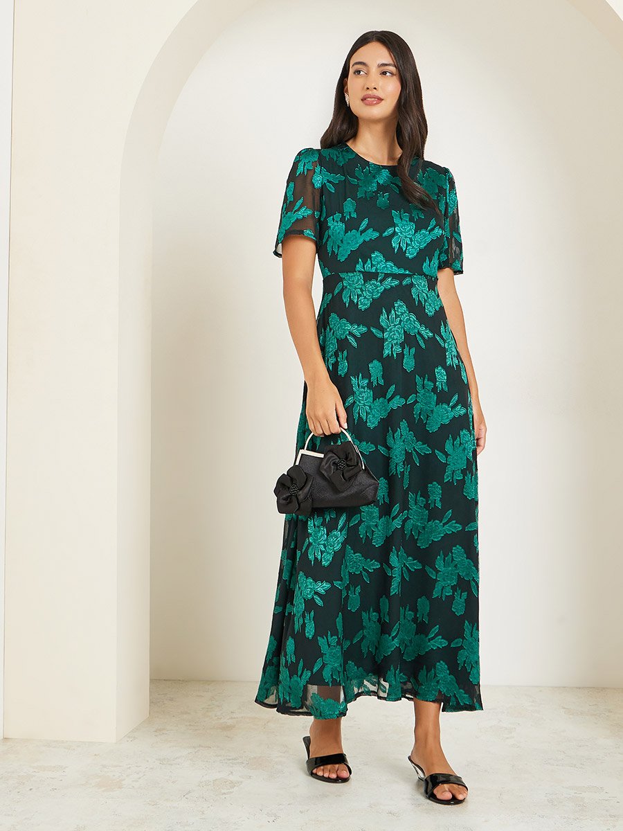 Teal Floral Short Sleeve A-Line Maxi Dress