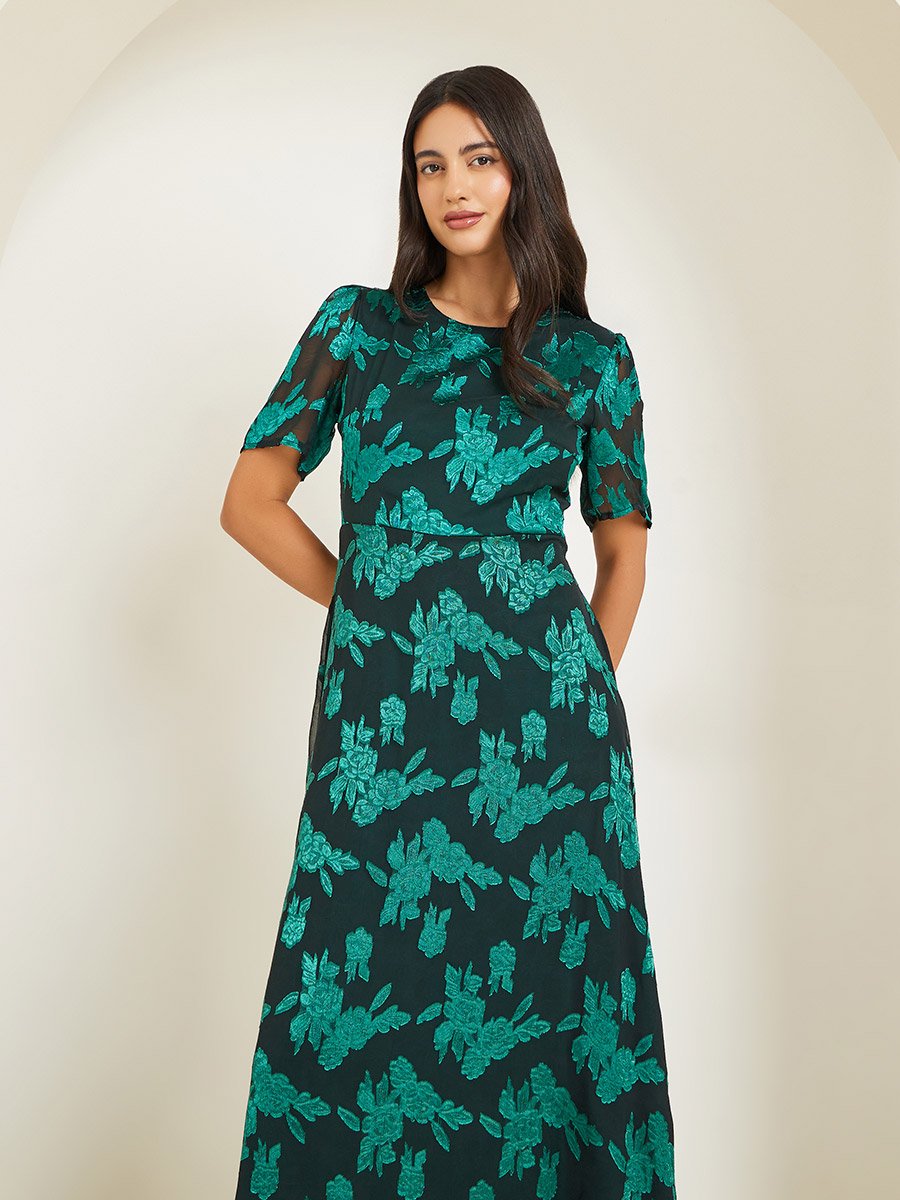 Teal Floral Short Sleeve A-Line Maxi Dress