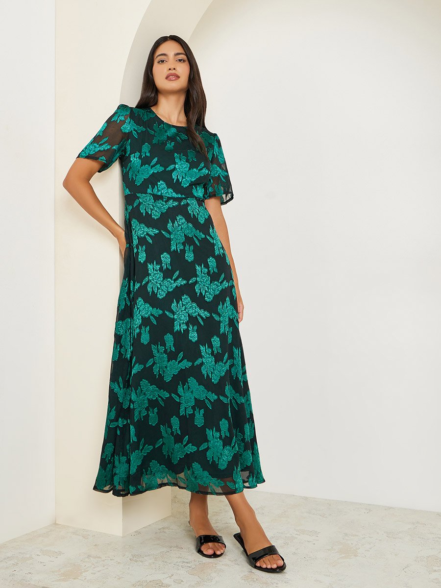 Teal Floral Short Sleeve A-Line Maxi Dress