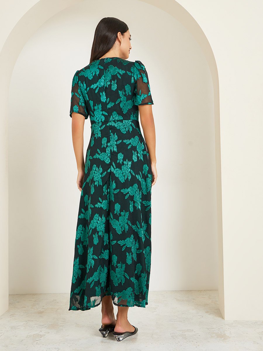 Teal Floral Short Sleeve A-Line Maxi Dress