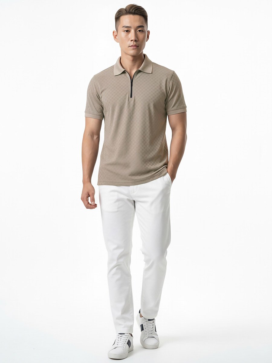 Men Beige Knitted Polo with Zipper