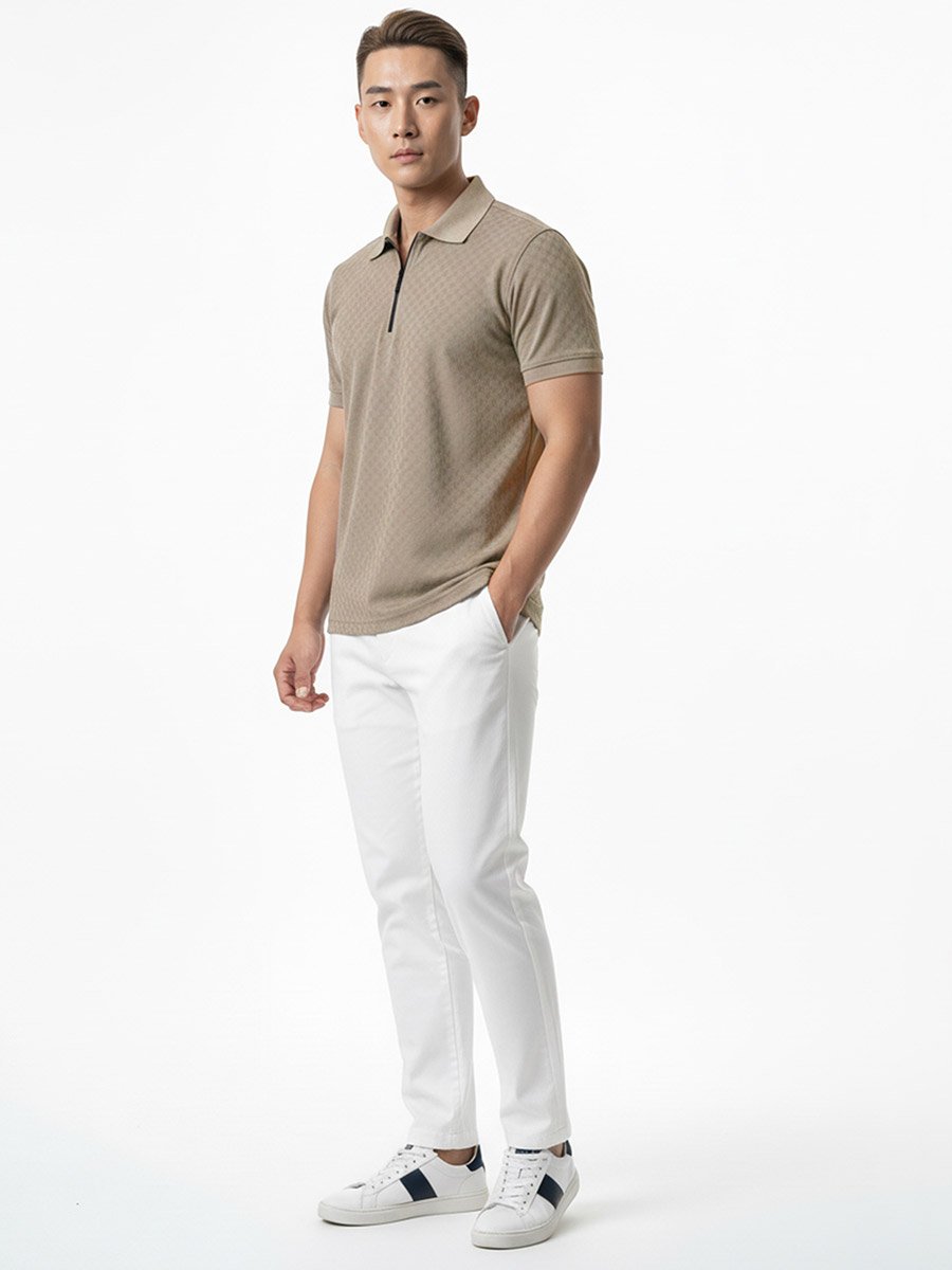 Men Beige Knitted Polo with Zipper