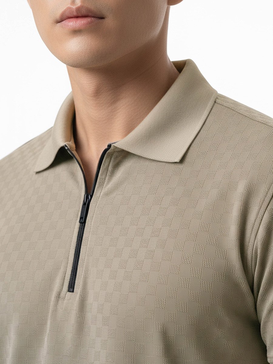Men Beige Knitted Polo with Zipper